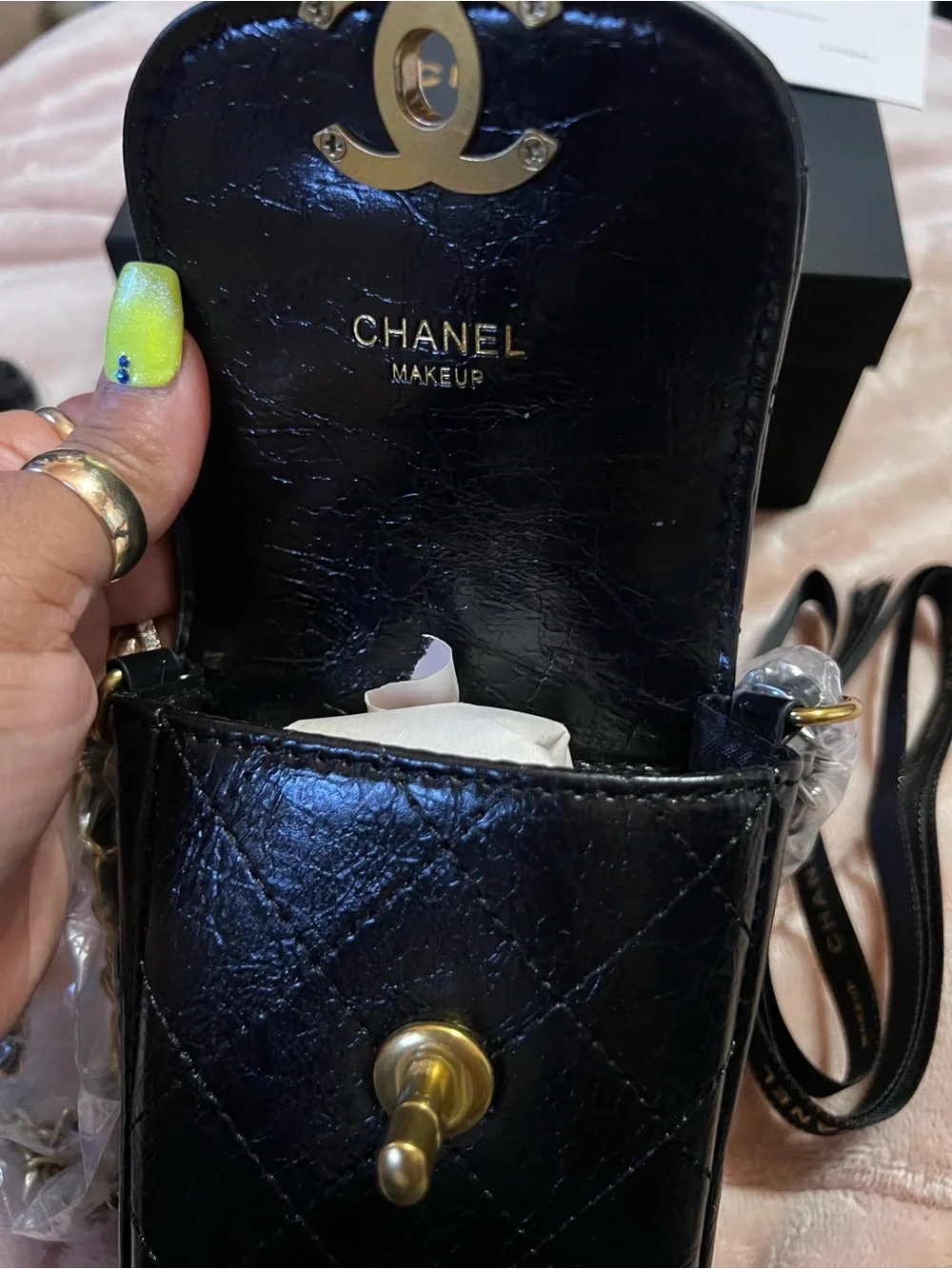Chanel Black Quilted Leather Phone Pouch with Houndstooth Coin Case with COA
